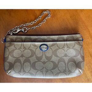 Coach Peyton Signature Go-Go Canvas Wristlet Brown Blue Trim